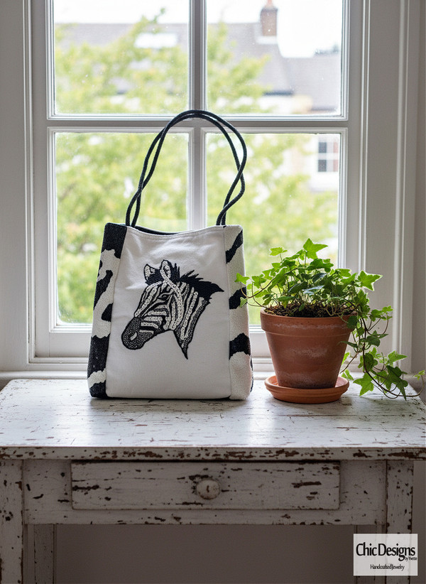 Zebra Tote Bag with Hand-Embroidered Sequins front side displayed on a distressed white table in front of a window