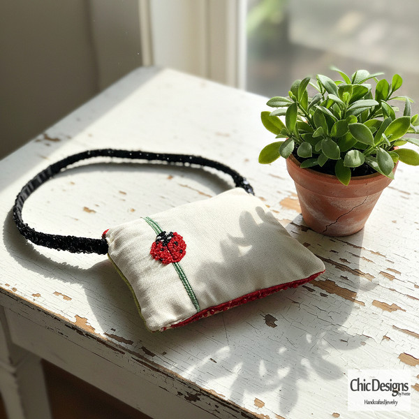 Ladybug Handbag front side displayed on distressed white table