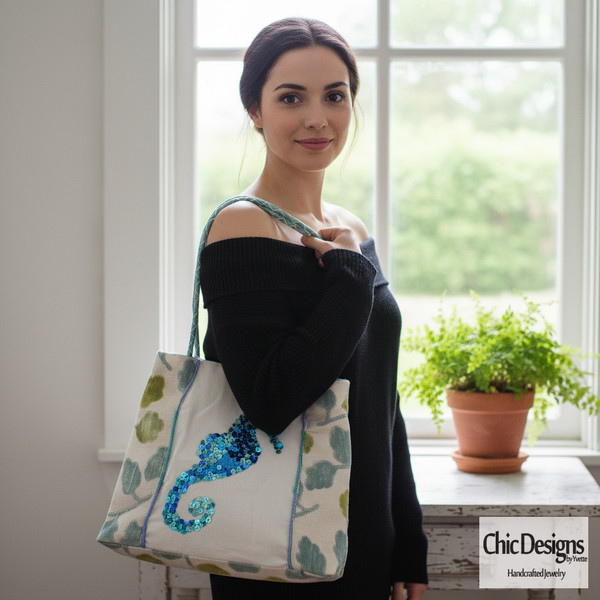 Sea Horse Bucket Tote with Embroidered Sequins worn on model