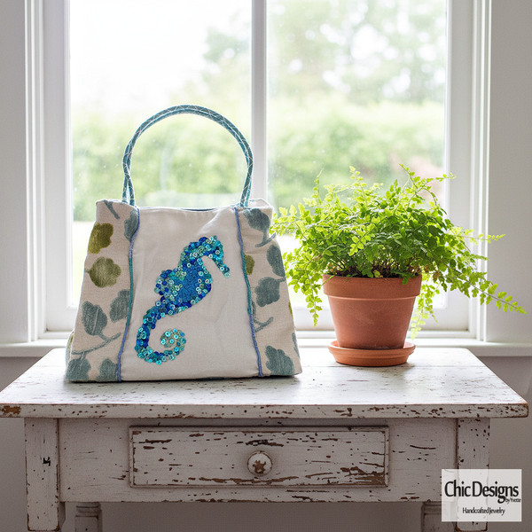 Sea Horse Bucket Tote with Embroidered Sequins displayed on a distressed white table with plant on the table