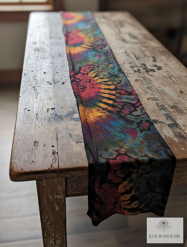 A long, multicolored tie-dye scarf is draped along the center of a rustic wooden table in a softly lit room.