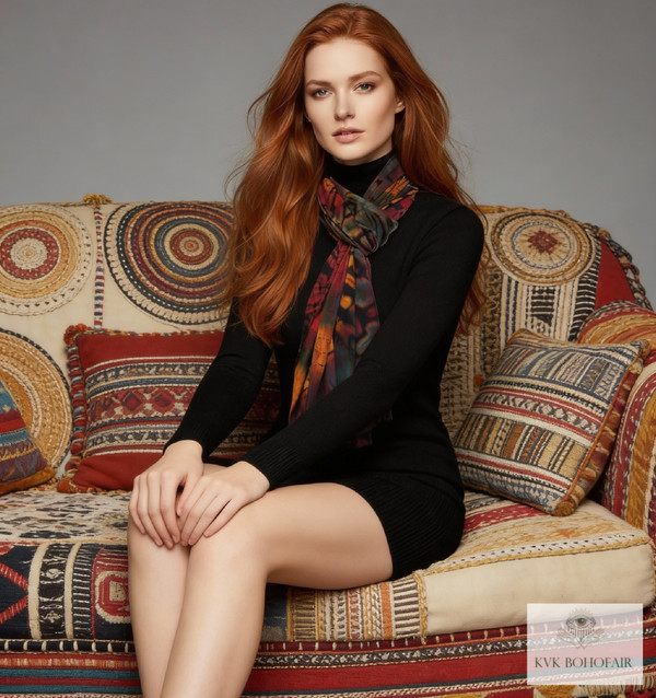 A woman with long red hair wearing a black dress and patterned scarf sits on a colorful, patterned sofa with decorative cushions. The background is neutral, highlighting her and the vibrant upholstery.