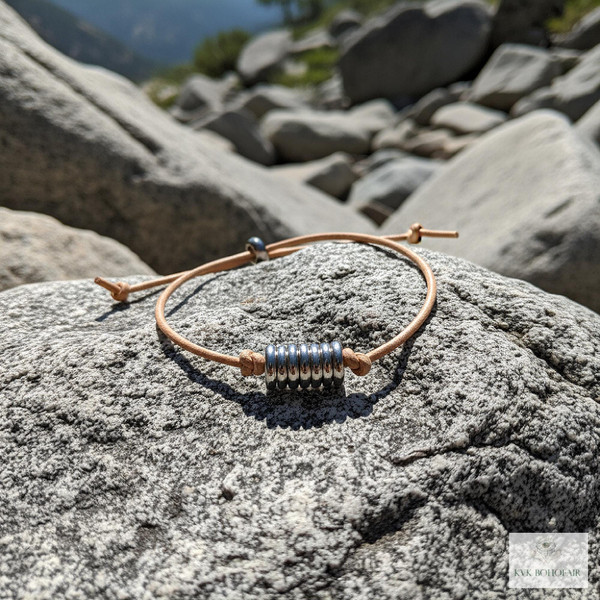 Boho Leather & Silver Bead Bracelet - Adjustable Minimalist Style