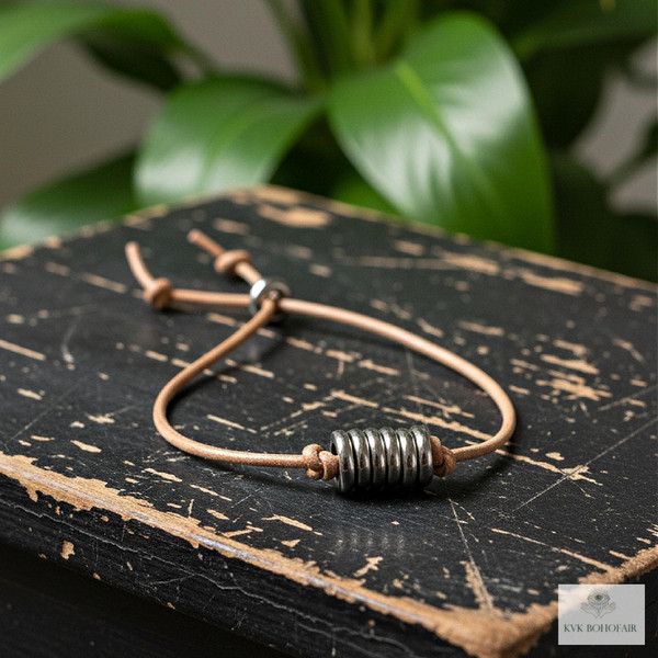 Boho Leather & Silver Bead Bracelet - Adjustable Minimalist Style
