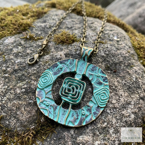 Handcrafted Brass Patina Circle Necklace | Spiral Pendant Jewelry