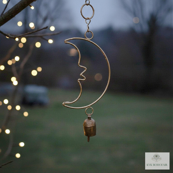 Crescent Moon Bell Chime - Rustic Holiday Decoration