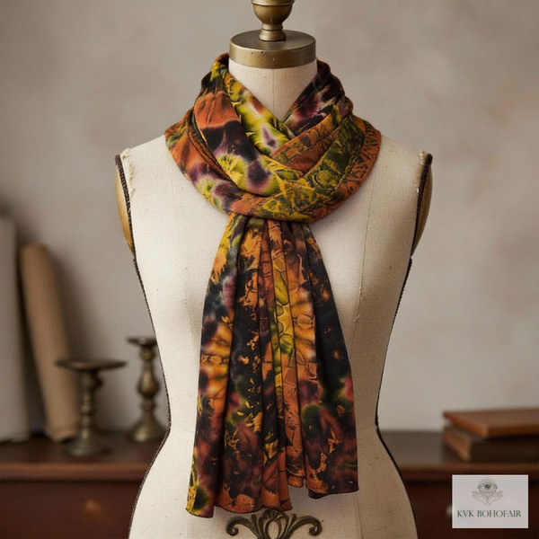 A mannequin displays a long, multicolored scarf in earth tones with an abstract pattern, draped loosely around the neck. The background is softly blurred, showing part of a table and books.