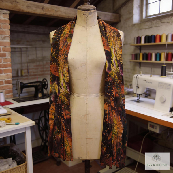 A mannequin draped with a colorful, autumn-patterned scarf stands in a sewing studio with exposed brick walls, sewing machines, and shelves with spools of thread in the background.