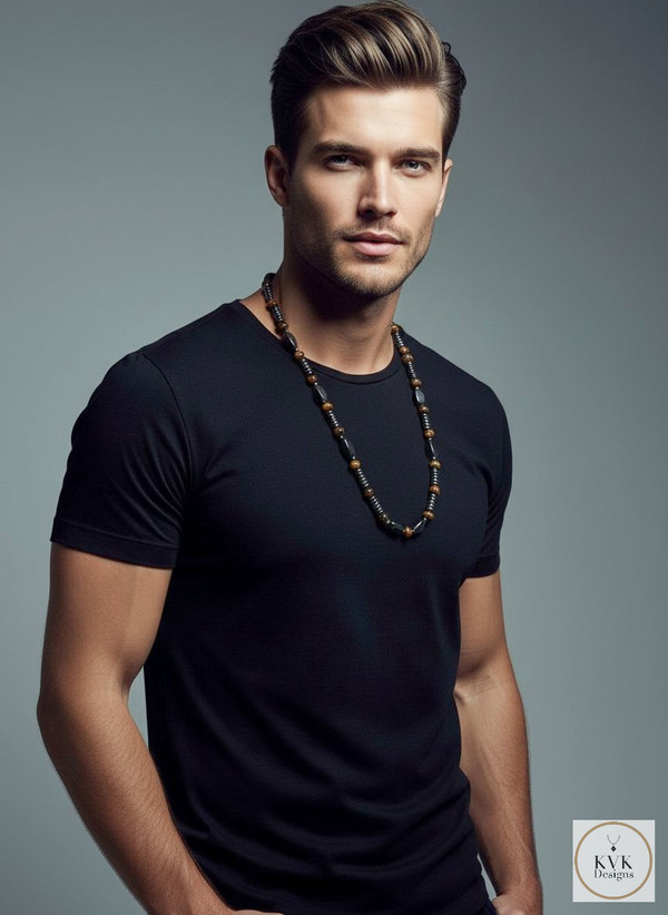Men's Magnetic Hematite Tigers Eye Bead Necklace worn on male model