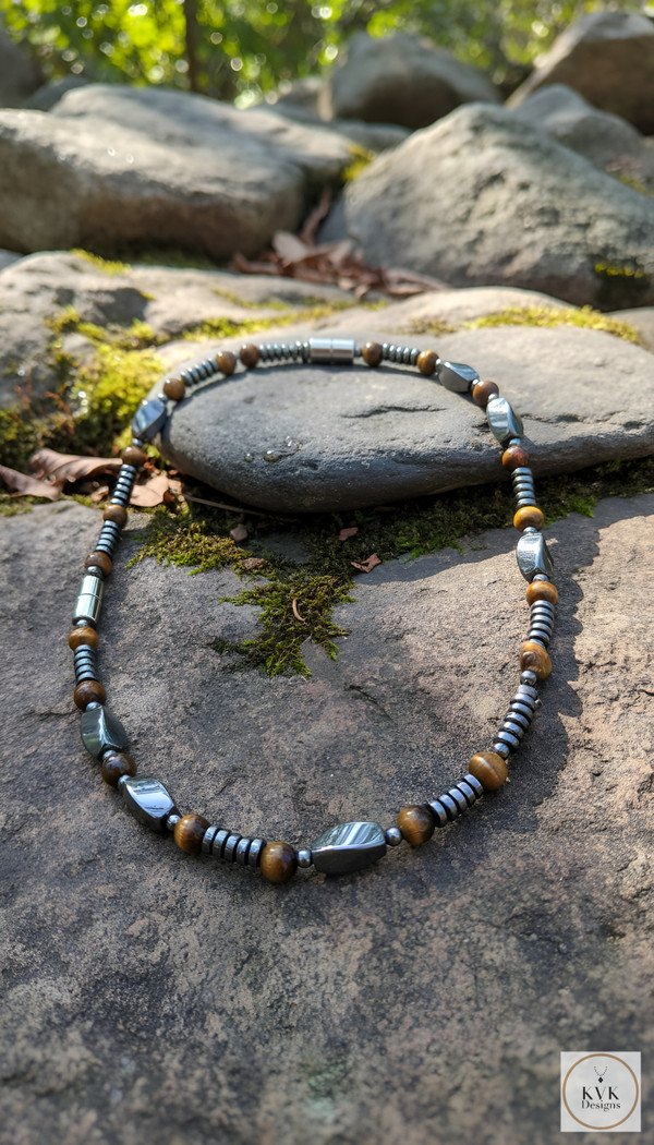 Men's Magnetic Hematite Tigers Eye Bead Necklace