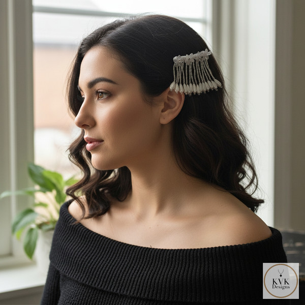 Rhinestone and Resin Flowered Fringe with Pearl Accented Hairpin on model