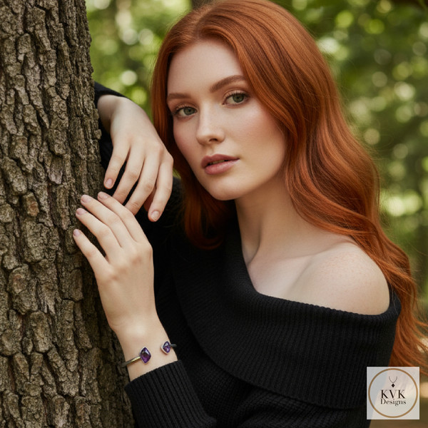 Sterling Silver Amethyst Open Cuff Bracelet worn on model with red hair