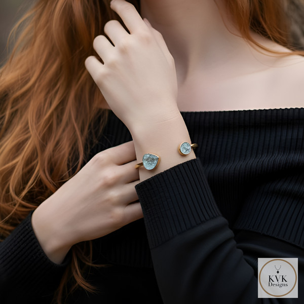 14 Karat Gold Plated Aquamarine Open Cuff Bracelet worn on model with red hair