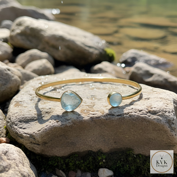 14 Karat Gold Plated Aquamarine Open Cuff Bracelet