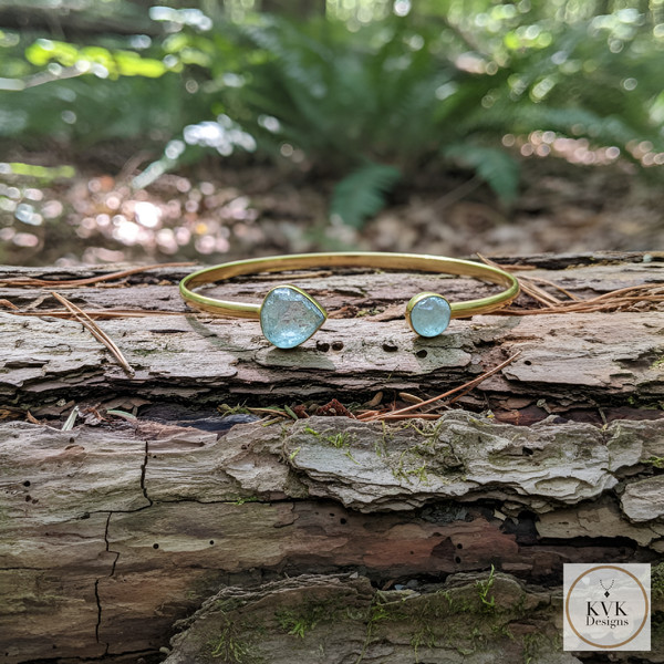 14 Karat Gold Plated Aquamarine Open Cuff Bracelet