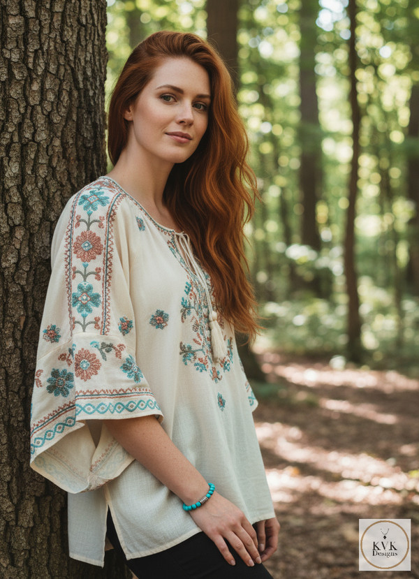 Blue Magnesite Bead Bracelet worn by model with red hair wearing a boho top.  
"The model image in this listing was created with the assistance of AI tools."