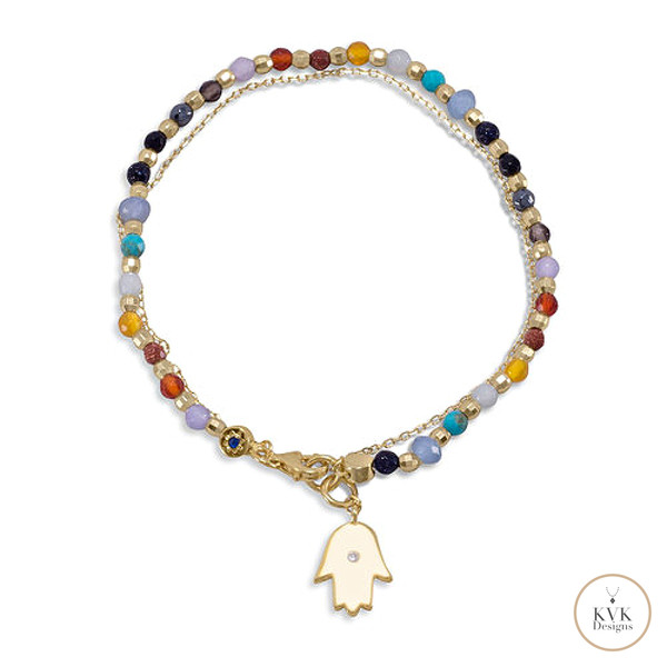 Double Strand Gemstone Hamsa Hand Charm Bracelet