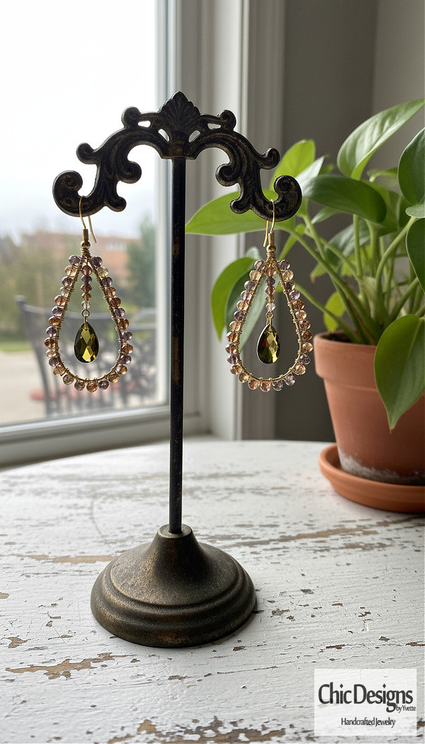 Topaz Swarovski Crystal and Earth Tone Earrings displayed on an antique earring stand on a white distressed table