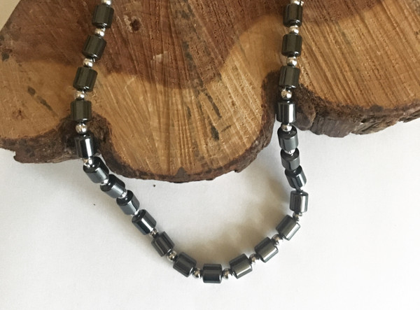 Unisex Hematite Barrel Bead Necklace