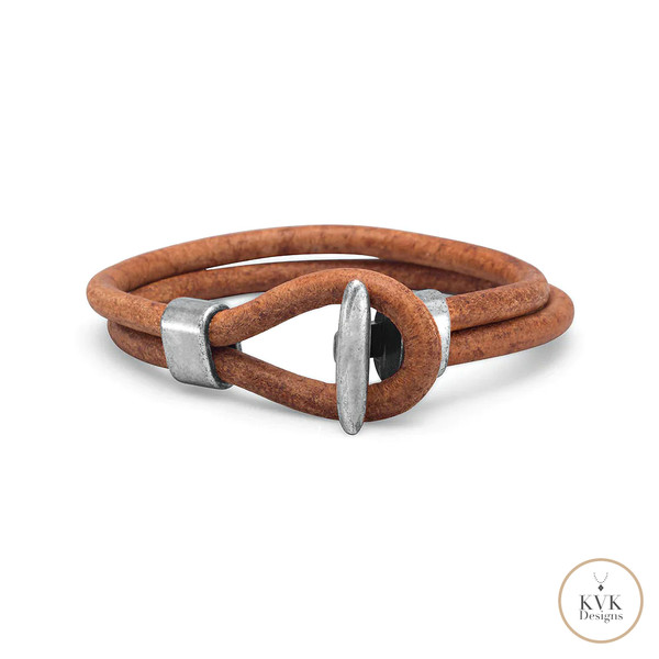 Men's Leather and Silver Tone Bracelet