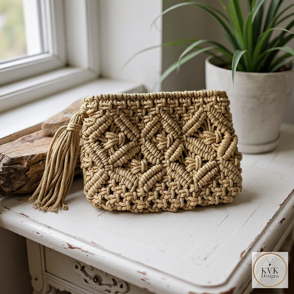 Tan Macramé Clutch Bag on a white distressed antique table