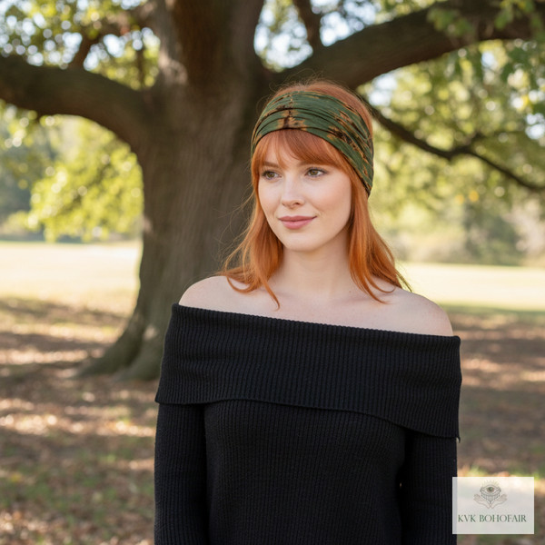 Model wearing Green Tie Dye Headwrap standing by a tree outside