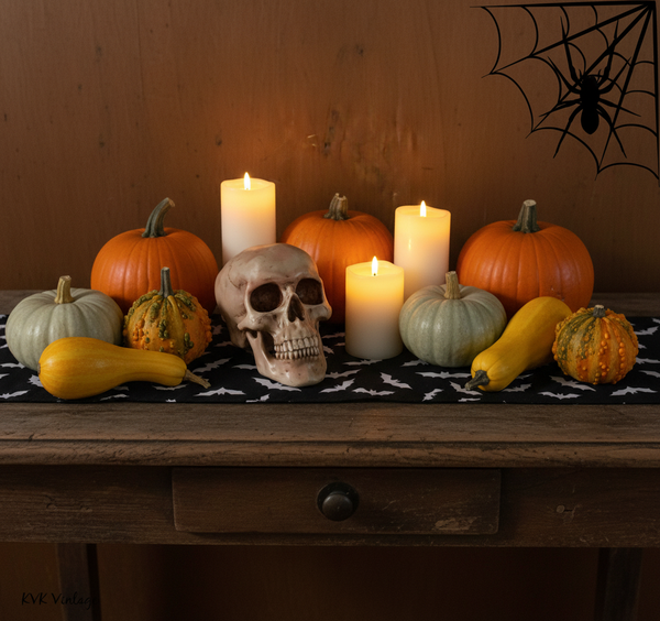 Spooky Human Skull Replica sitting on table with pumpkins and gourds