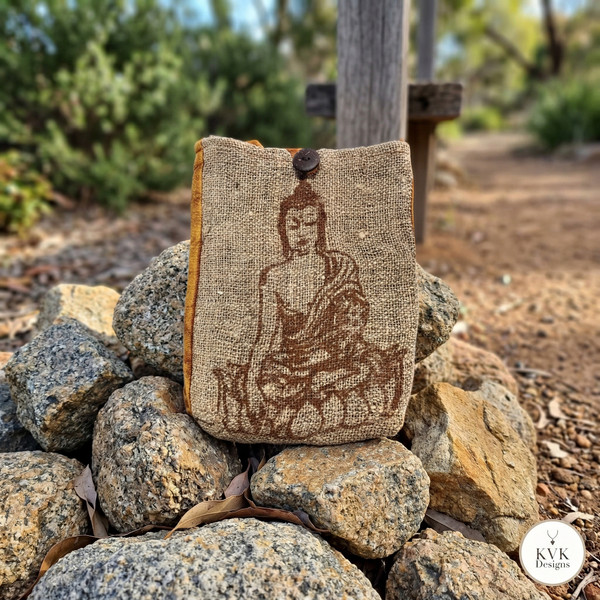 A burlap pouch with a brown Buddha illustration rests on a stack of rocks along a dirt path in a natural outdoor setting. A round button fastens the pouch. The KVK Designs logo appears in the lower right corner.