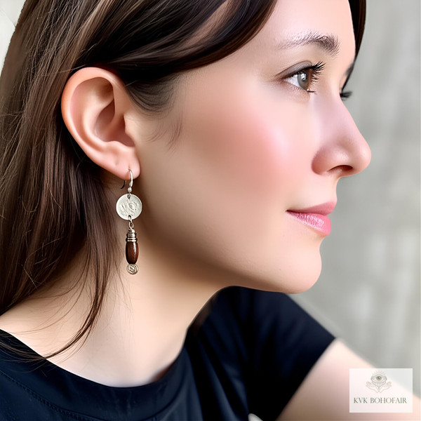 Model wearing our Handcrafted Guatemalan Coin Earrings