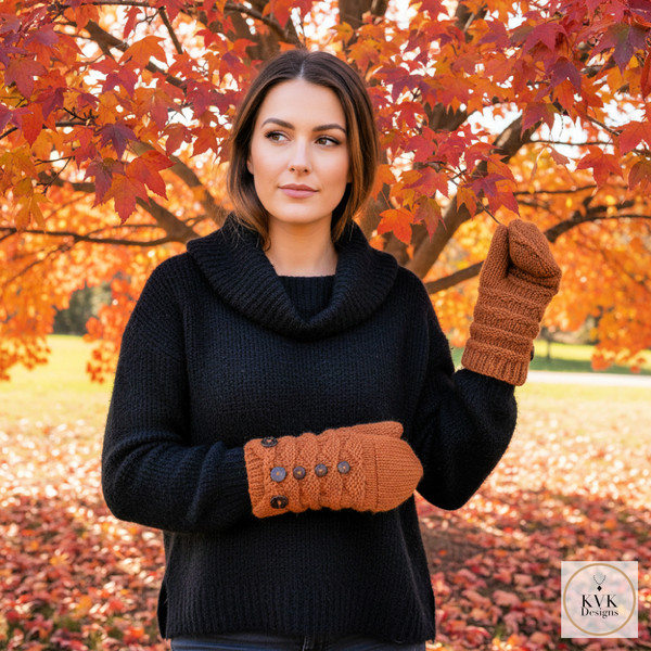 Model wearing Hand-Knit Orange Wool Mittens with Wooden Buttons