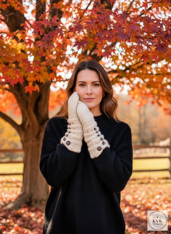 Model wearing Hand-Knit Off White Wool Mittens with Wooden Buttons