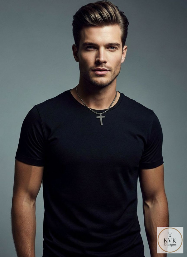 Hematite Believer Cross Necklace worn on male model