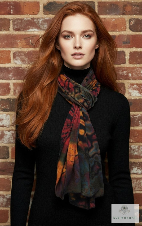 A woman with long red hair wearing a black turtleneck and a multicolored scarf stands in front of a brick wall. The scarf features various dark and warm tones.