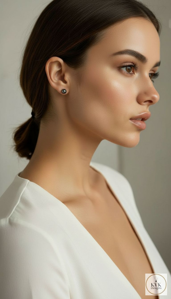 6mm Hematite Ball Stud Earrings worn on model