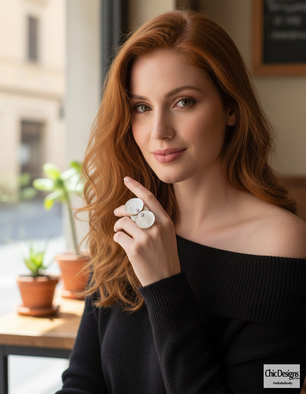 BlueGray Mother of Pearl Three Circular Ring Accented with Swarovski Rhinestones on model