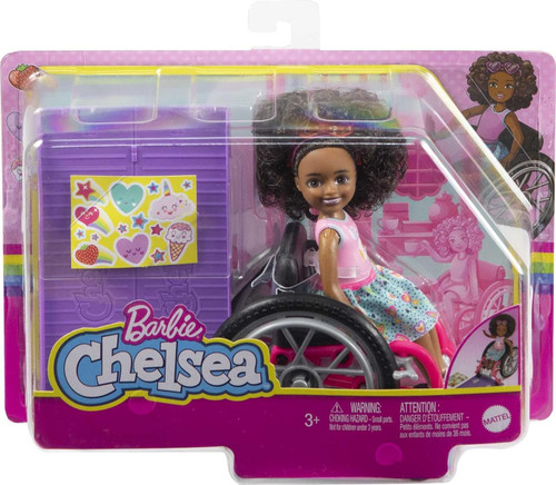 Barbie Chelsea Doll & Wheelchair with Moving Wheels, Ramp, Sticker Sheet & Accessories, Small Doll with Curly Brown Hair Mattel 2022