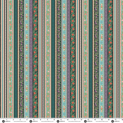 Victorian Garden by Makower UK Floral Stripe Green