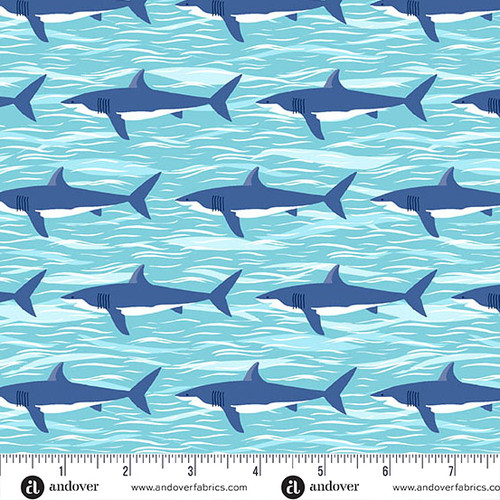 Deep Blue Sea by Makower UK Sharks Light Blue