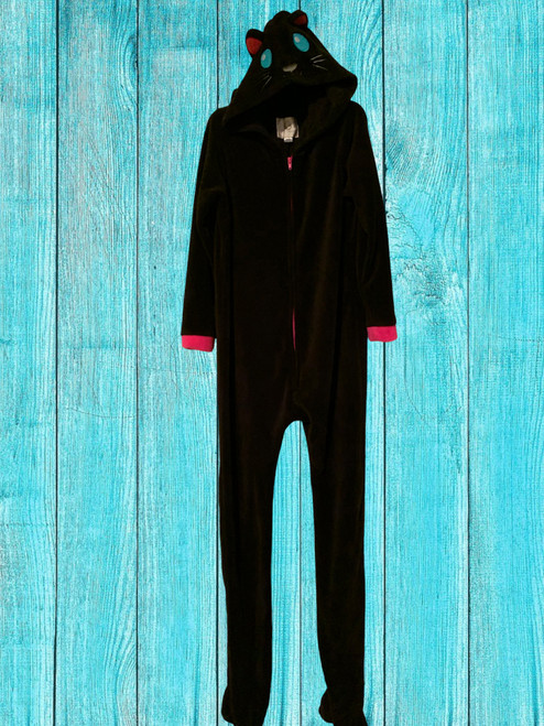 Vintage PJ Couture Ladies Size M Long Sleeve Footed & Hooded Black Cat Zip Pajamas