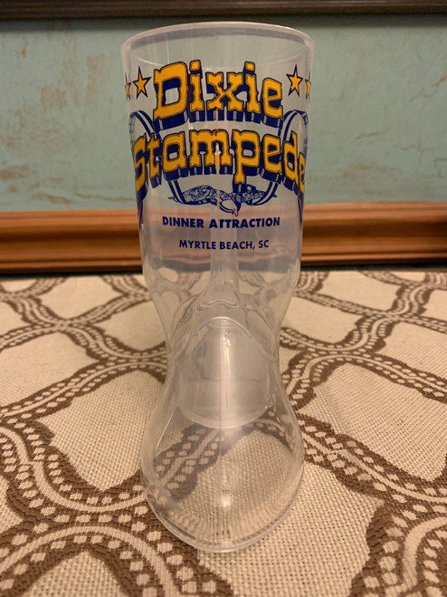 Dixie Stampede Dinner Attraction Myrtle Beach, SC Clear Hard Plastic Cowboy Boot Souvenir Mug
