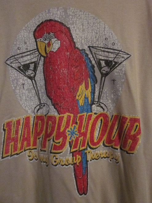 NWT - Happy Hour Is My Group Therapy Parrot Image Adult Size XL Beige Short Sleeve Tee