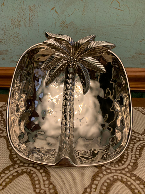 Vintage Silvertone Porcelain Palm Tree Dimpled Candy Dish