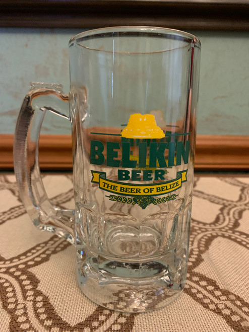 Vintage Belikin Beer The Beer of Belize Logo Handled Beer Mug with Thumb Grip by Crisa Glass