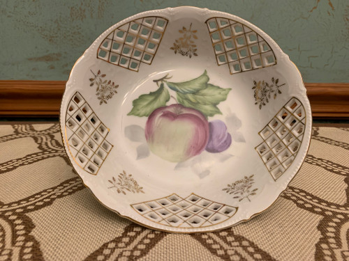 Vintage Occupied Japan Ucagco Fruit Design Cut-out Decorative Porcelain Bowl with Gold Accents