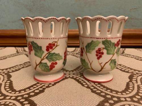 Vintage Berries & Leaves Design Panel Cut-out Scallop Edge Pedestal Ceramic Pair Votive Candle Holders