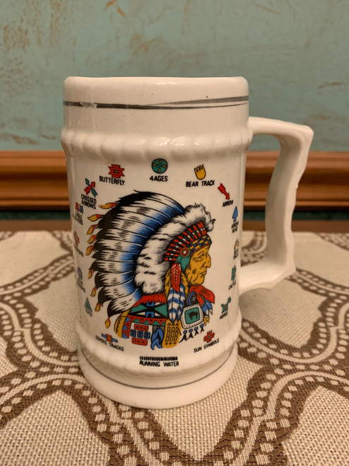 Vintage AMERICAN INDIAN Chief Head with Indian Symbols Ceramic Handled Stein