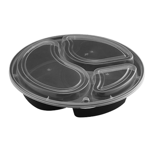 45oz Round Microwaveable Container with Lid 3-compartment, 150 Sets (50/6)