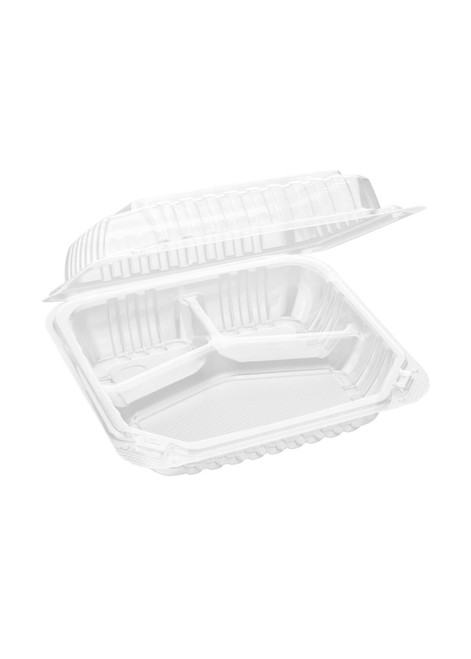 Clear Hinged PS Container 3-compartment, 8" x 8" 3in Tall, 200pc (200/1)