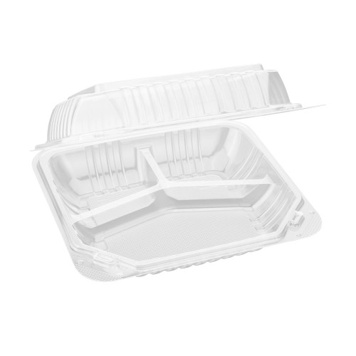 Clear Hinged PS Container 3-compartment, 9" x 9" 3in Tall, 200pc (200/1)