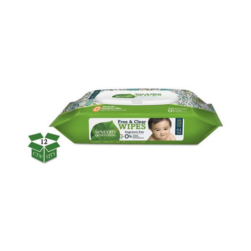 Seventh Generation Free and Clear Baby Wipes, Unscented, White, 64/Flip Top Pack, 12 Packs/Carton